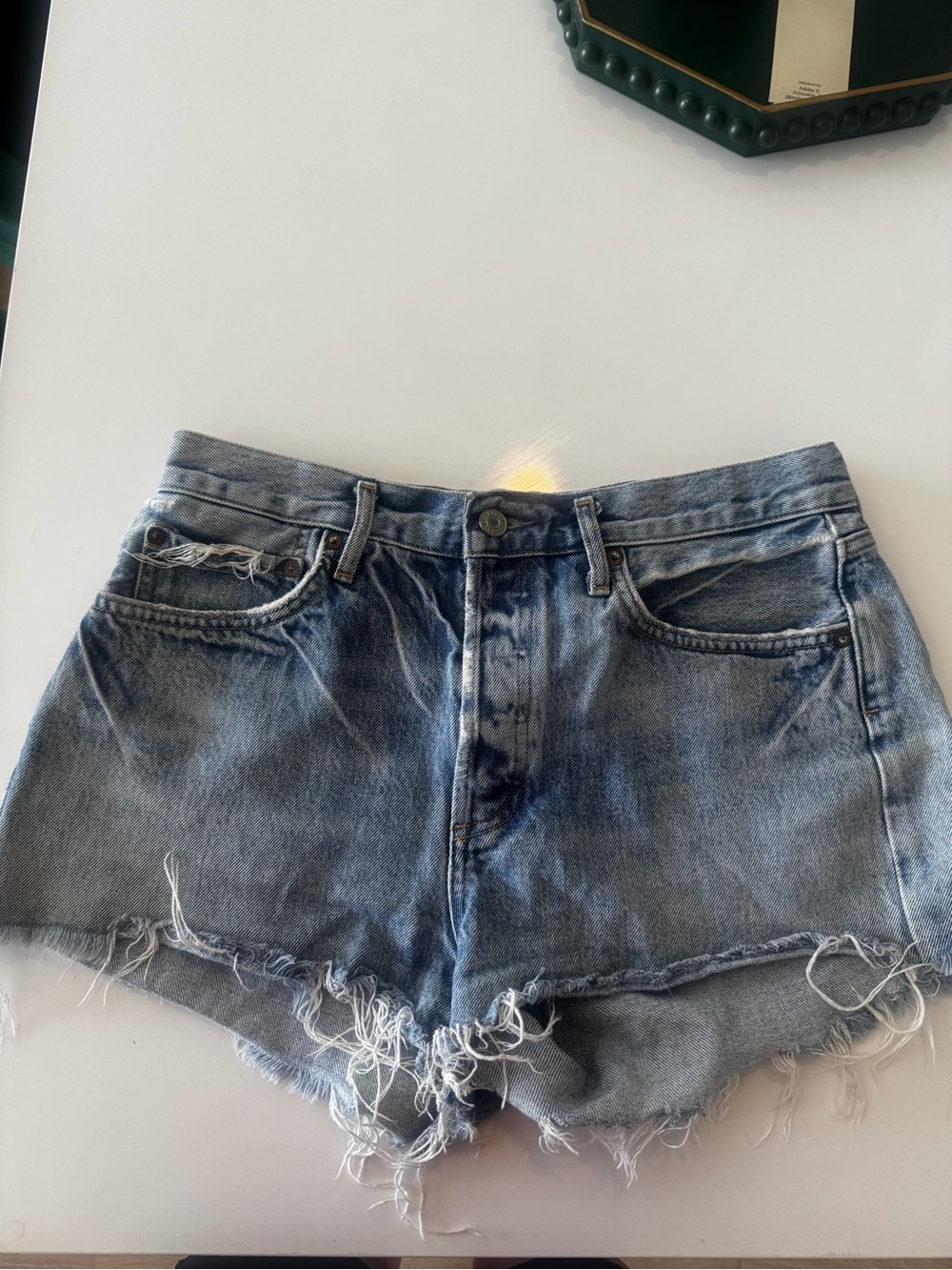 Agolde Faded Light Blue Frayed Hem High-Rise Jean Shorts